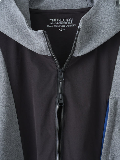 【TRANSITION】ポンチ×ストレッチナイロン切り替えフーデッドブルゾン